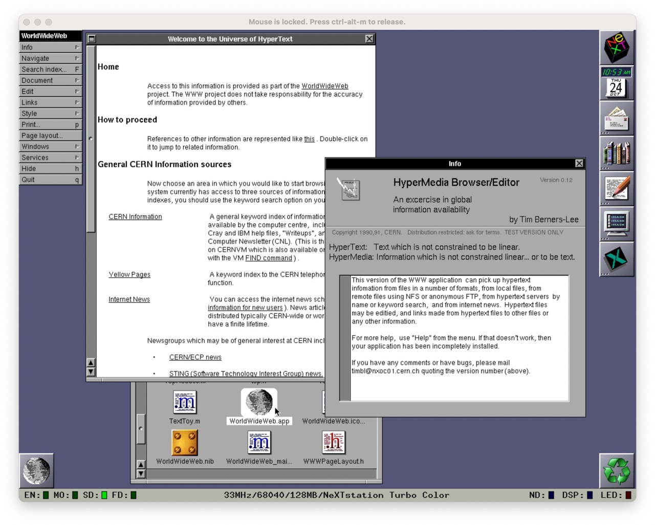 WorldWideWeb 0.12 showing its default home page on NeXTStep 3.3
